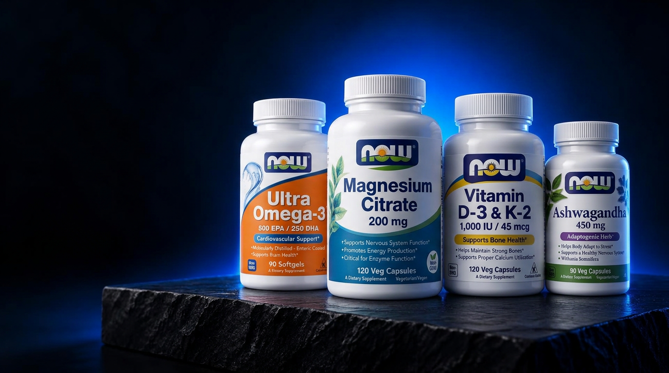 Frascos NOW Foods de Omega-3, Magnesio, Vitamina D-3 y K-2, y Ashwagandha